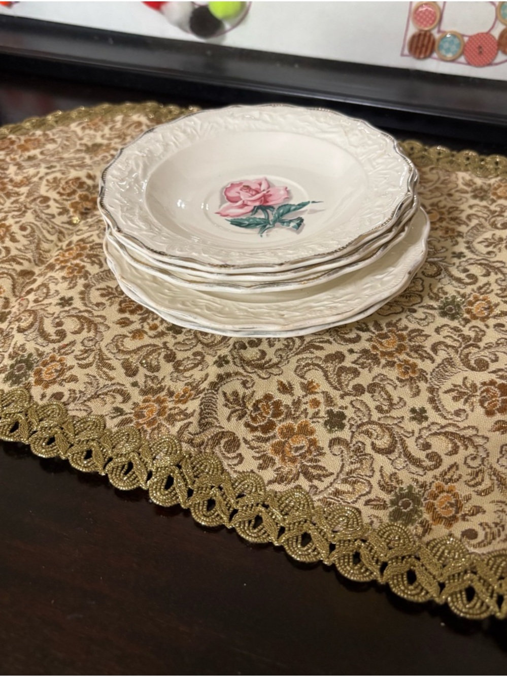 Vintage Tapestry & Metallic Lace
Edged Doily, Runner with Vintage China .